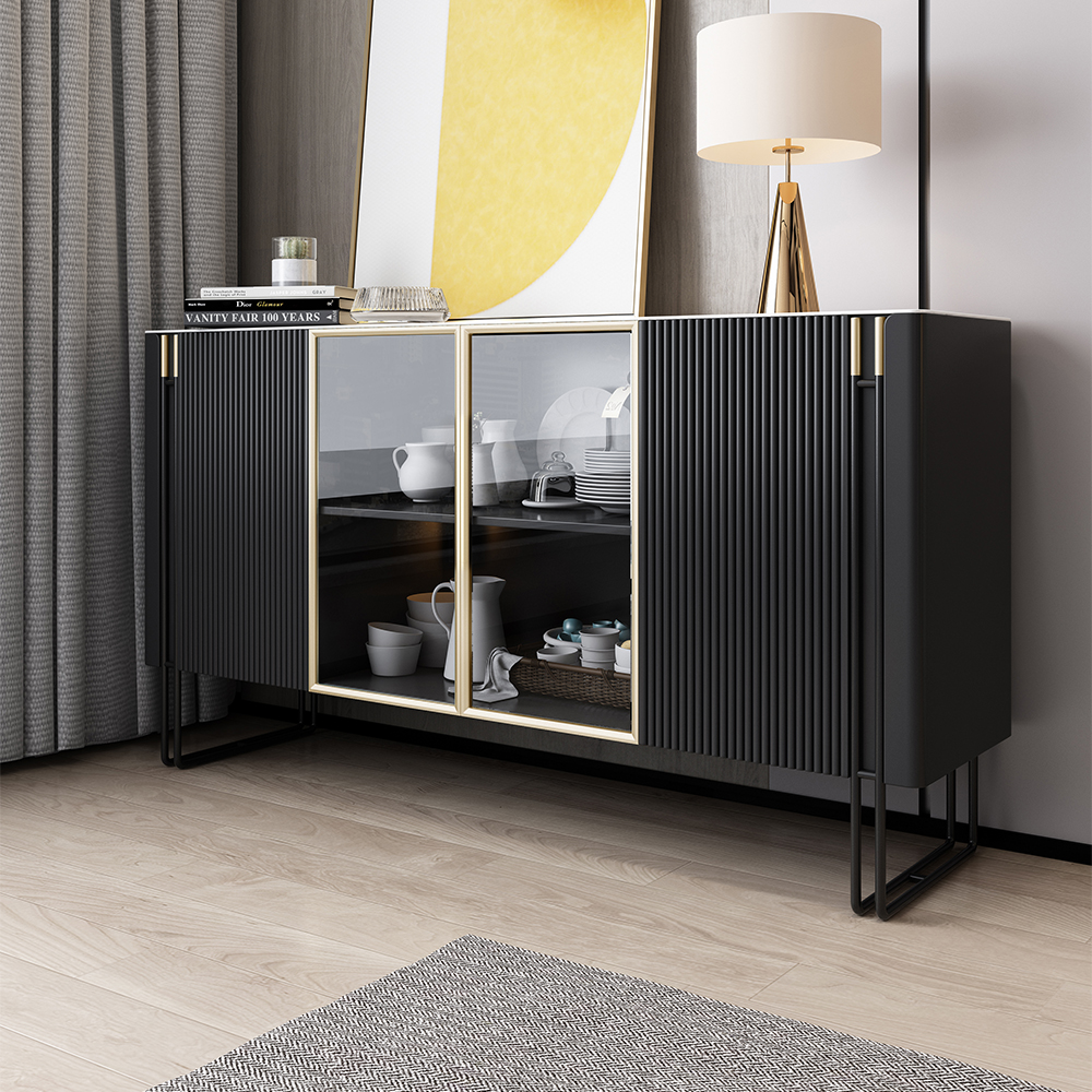 

Modern Rectangle White & Black Sideboard Cabinet with Stone Top & Doors & Shelves