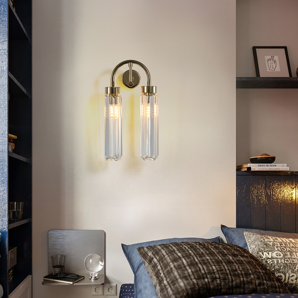 

Gold Metal Wall Light 2-Light Crystal Wall Mount Armed Sconce