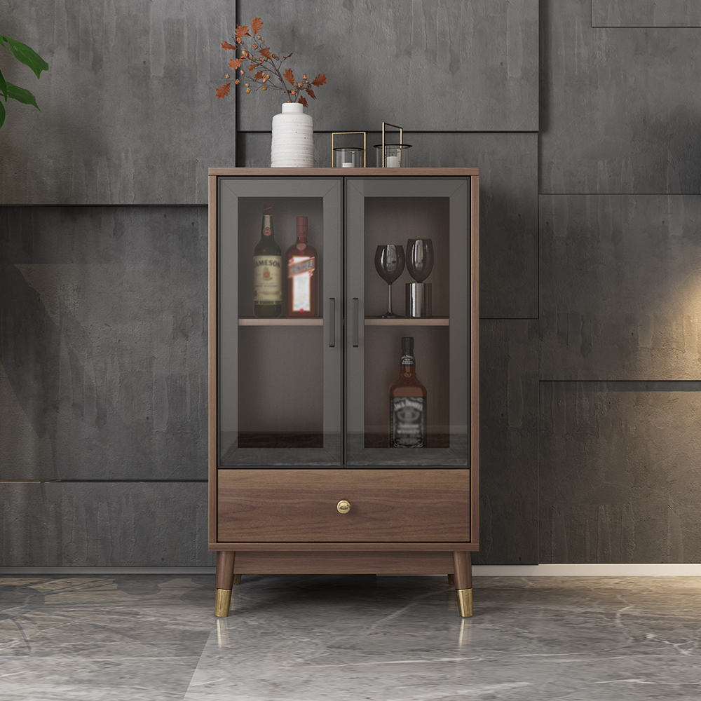 

Modern Rectangle Walnut Display Cabinet with 2 Shelves & 2 Doors & 1 Drawer