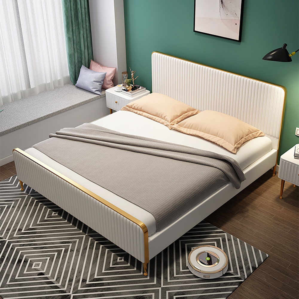 

White Upholstered Genuine Leather Platform Bed with Durable Wood Slats Support