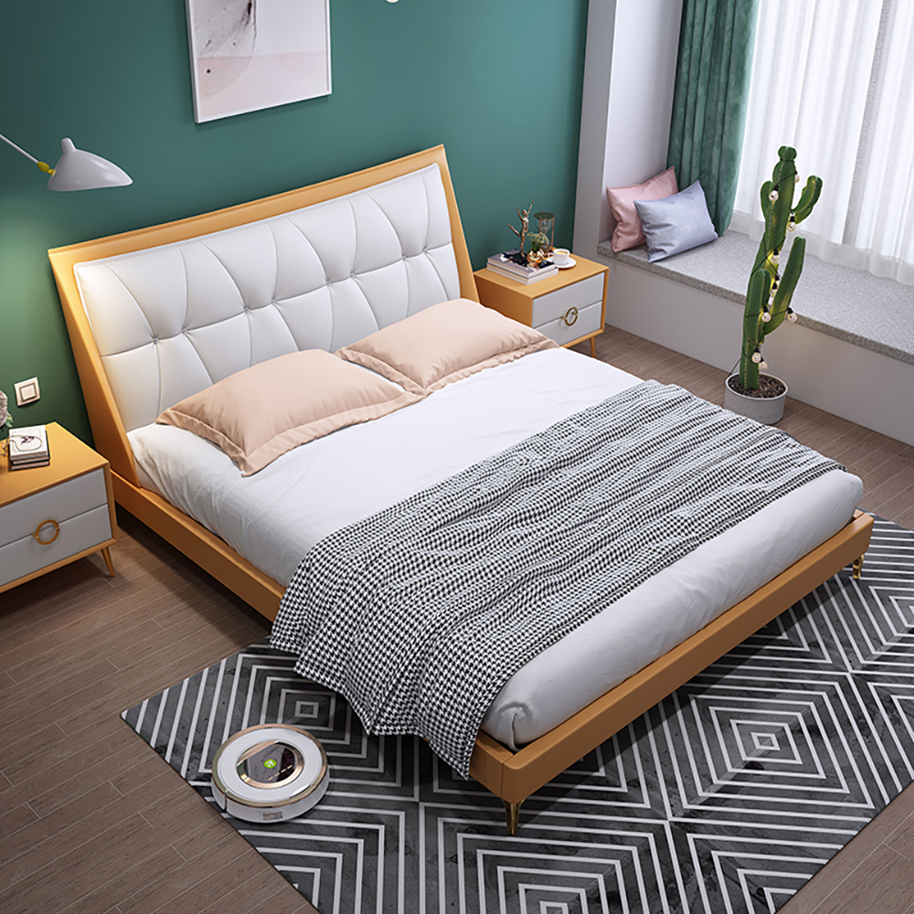 

Orange Leather Low Profile Platform Bed with Wood Bed Frame & Upholstered Headboard