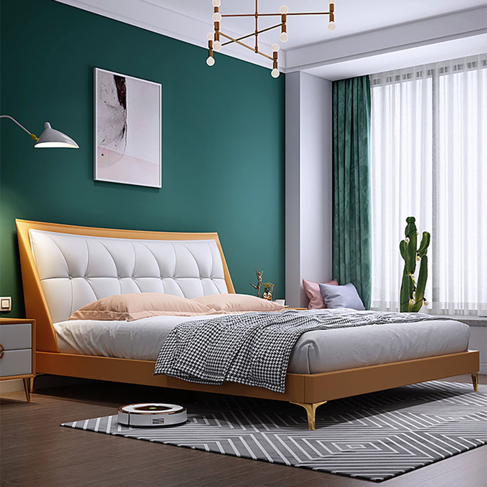 Orange Leather Low Profile Platform Bed with Wood Bed Frame