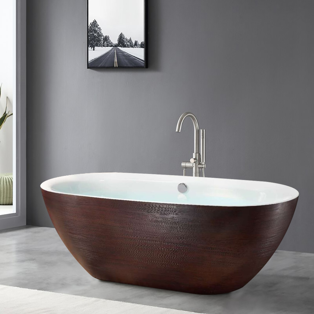 

67'' Freestanding Oval Acrylic Soaking Bathtub with Overflow in Brown Wood Grain