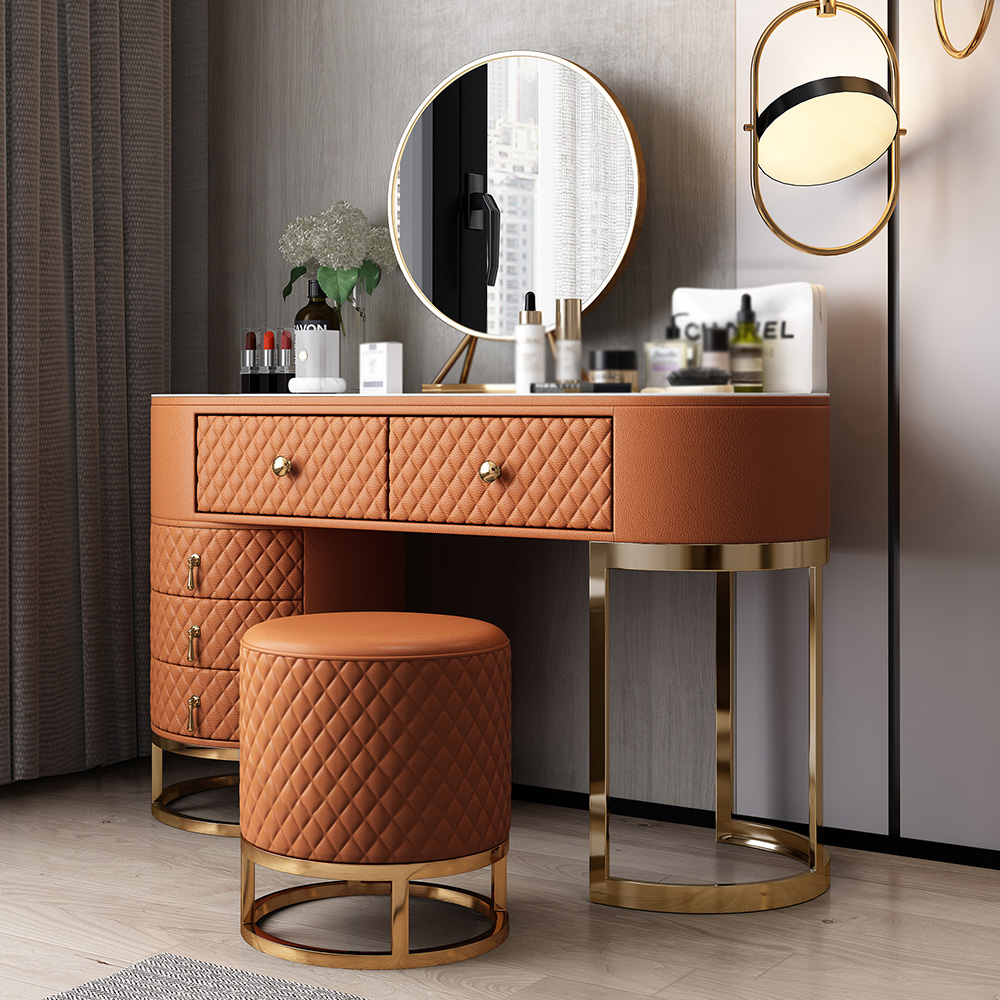 

Orange Makeup Vanity Set Faux Leather Upholstered with Mirror Stool & 5 Drawers