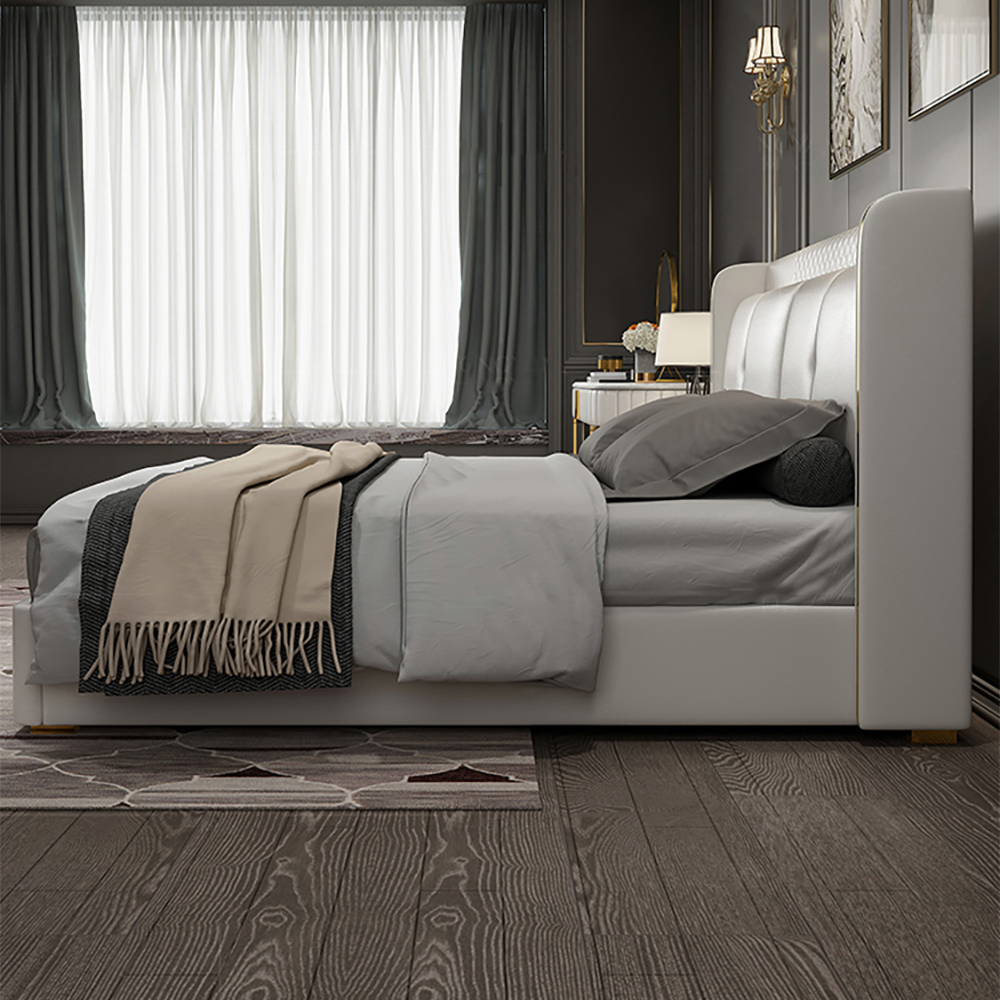 

Modern Wingback Bed with Leather Upholstered Headboard & Wood Slats, Cal King