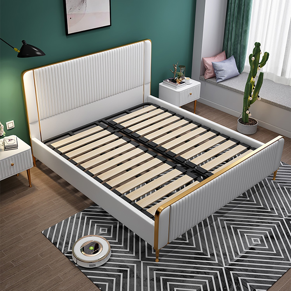 

Milky White Genuine Leather Upholstered Platform Bed with Vertical Headboard