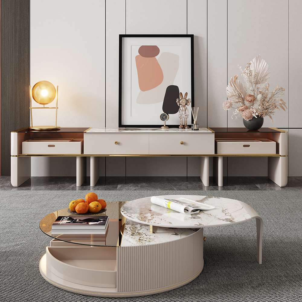 Modern Off-White 4-Drawers TV Stand with Gold Frame & Tempered Glass Top