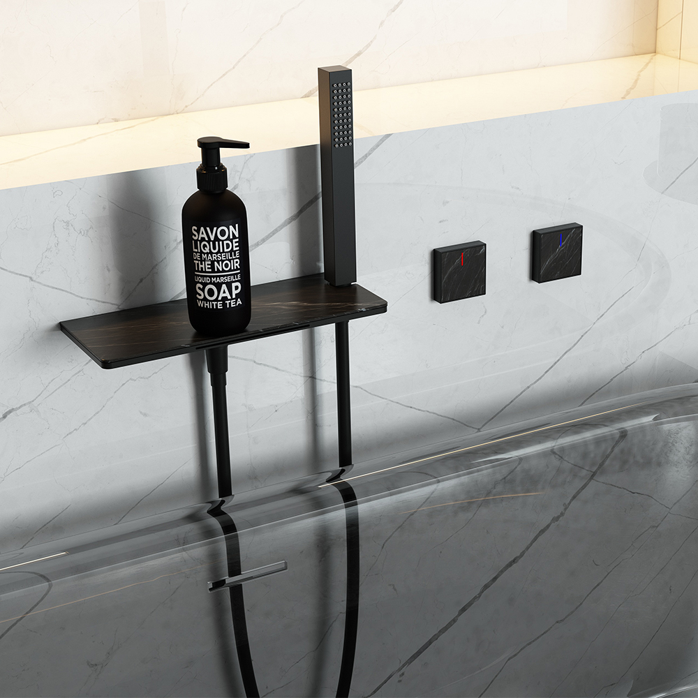 

Wall Mounted Waterfall Bathtub Faucet with Hand Shower Solid Brass in Black