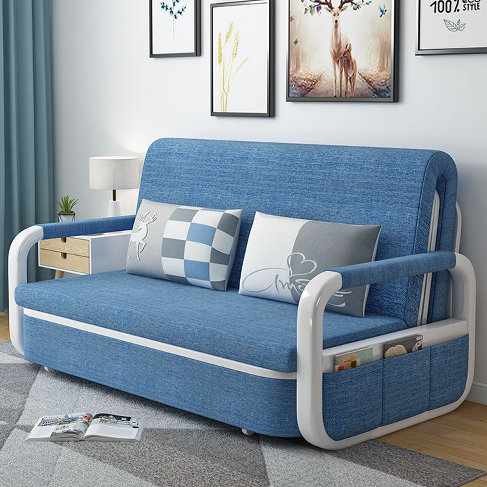 Blue Sleeper Sofa Bed Loveseat Cotton & Linen Upholstered With Solid Wood Frame