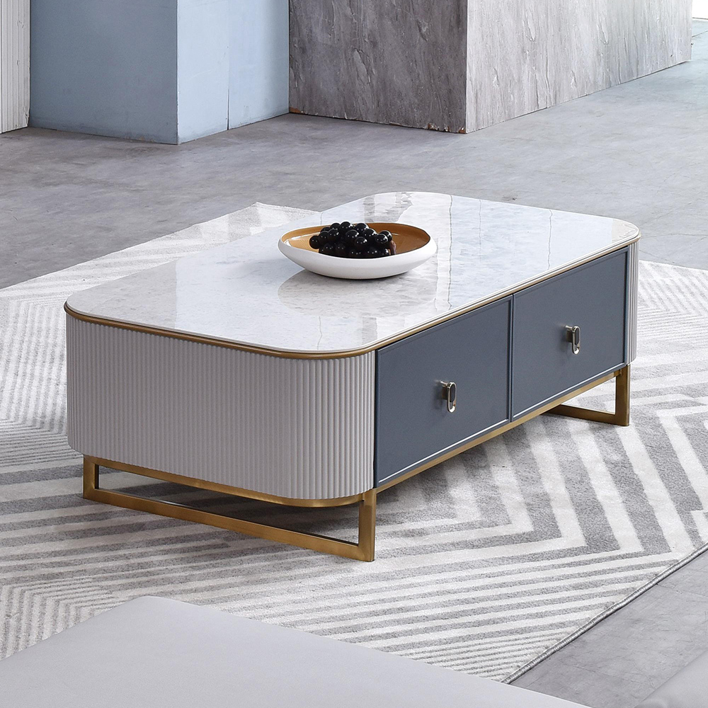 

53" Modern Blue & White Rectangle Stone-Top Coffee Table with 2 Drawers