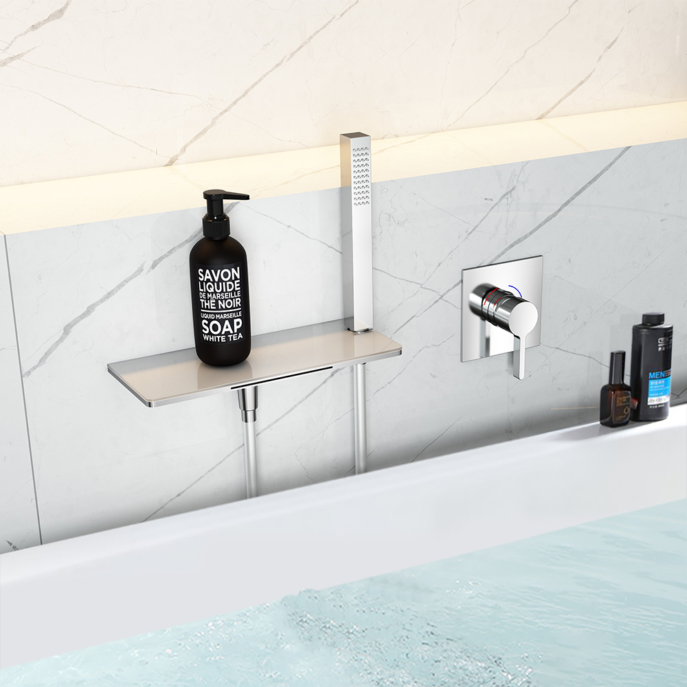 

Wall Mounted Waterfall Bathtub Faucet with Handshower Solid Brass in Chrome