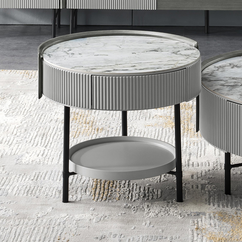 

Modern Gray Round End Table with Stone Top and Black Iron Legs