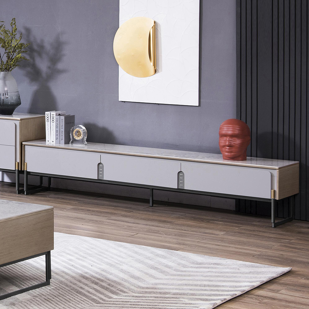 

Modern 79" Natural & White TV Stand with 3 Drawers and Iron Legs in Black