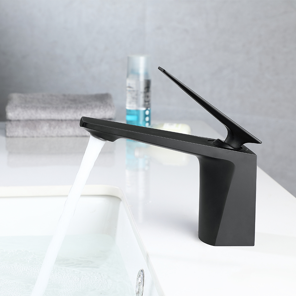 

Single Hollow-Out Lever Handle Bathroom Sink Faucet Solid Brass in Black