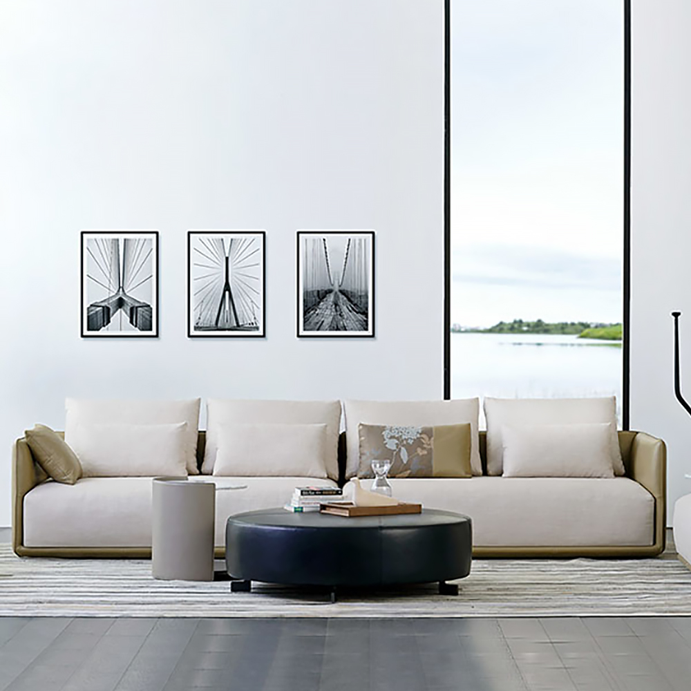 

Modern Off-White 4-Seater Sofa PU Leather Upholstered with Pillow Back & Square Arms