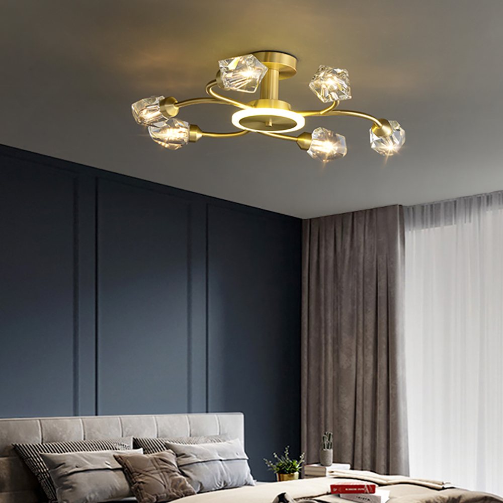 

Brass 6-Light Sputnik Crystal Semi-Flush Mount Light for Living Room and Dining Room