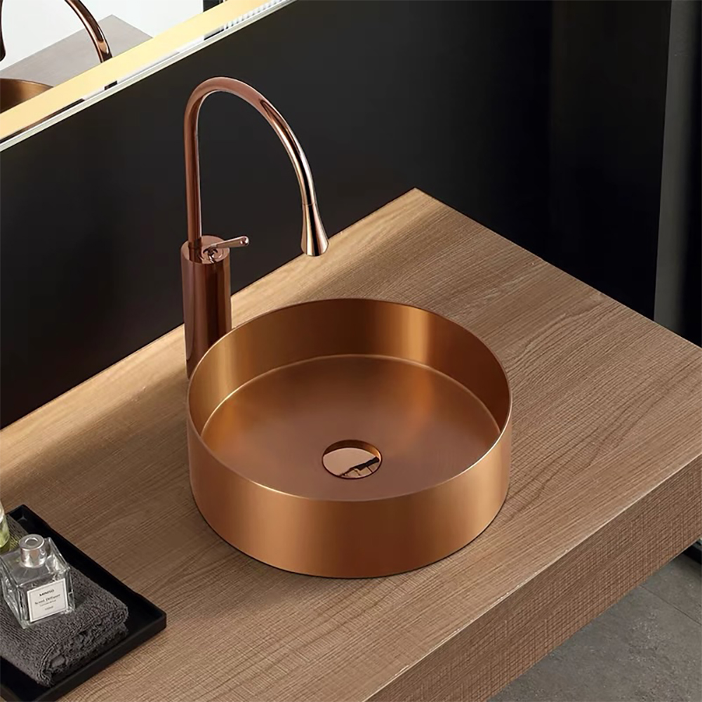 Image of Contemporary Rose Gold Round Stainless Steel Vessel Sink Luxury Wash Sink