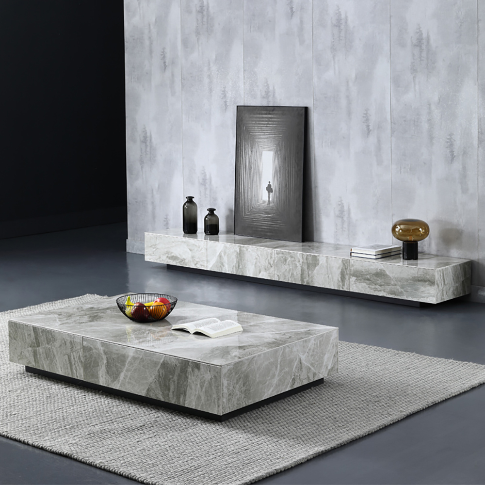 Modern Gray Rectangle Coffee Table with Stone Top & Storage