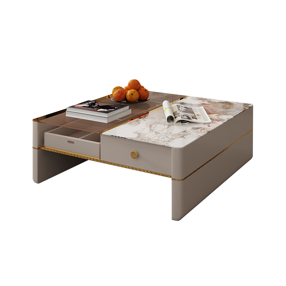 Off White Rectangle Coffee Table with Storage & Tempered Glass Top
