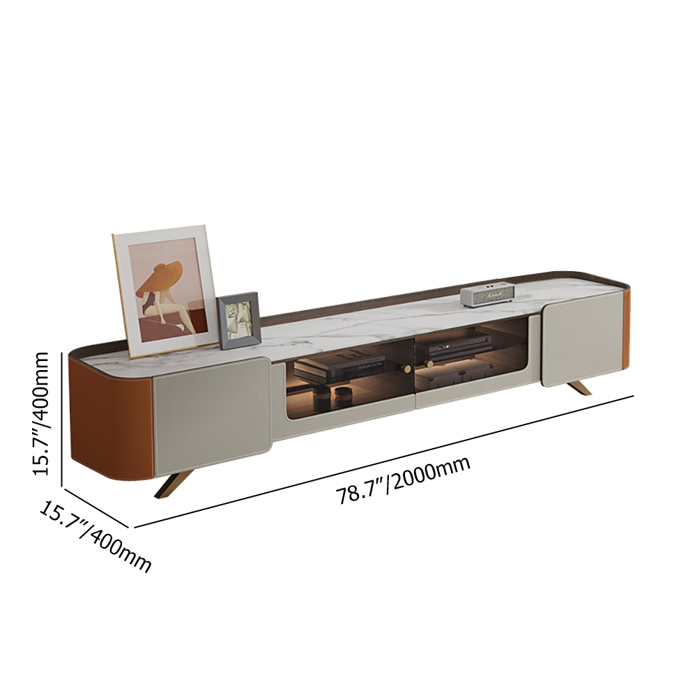 Modern Orange & Gray TV Stand with Stone Top & Storage for TVs up to 85 inch