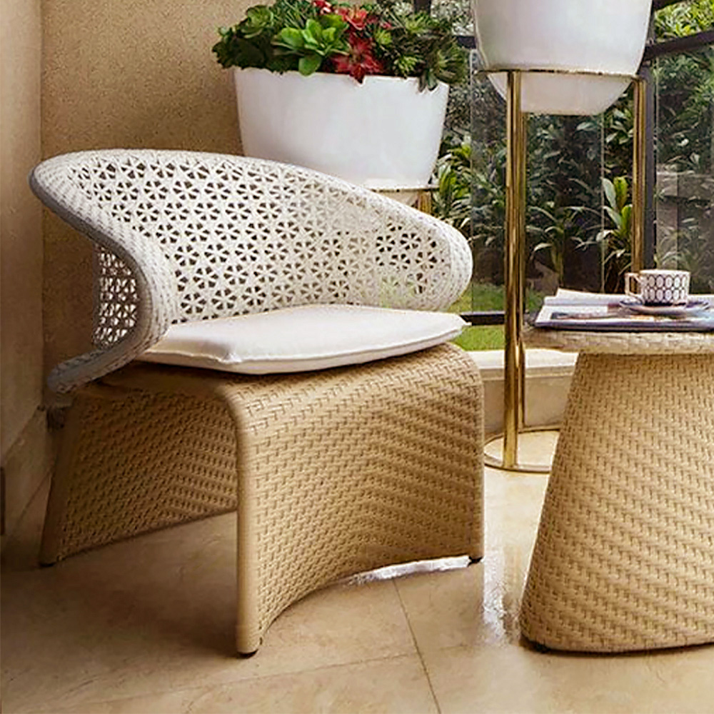 

Hofer Outdoor Rattan Patio Armchair with White Cushion Arched Bottom Low-Back