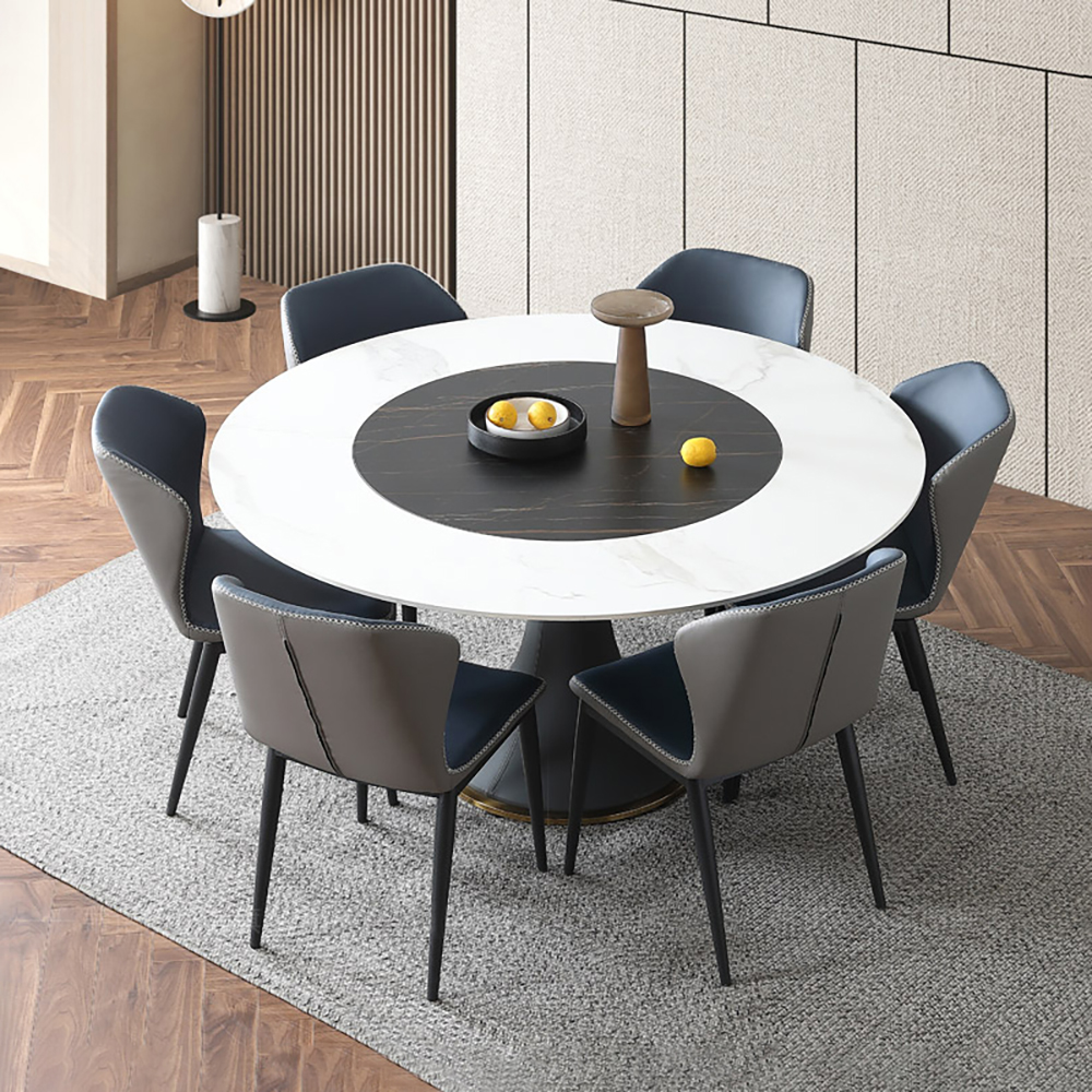 53.1" White & Black Round Dining Table with Lazy Susan & Sintered Stone