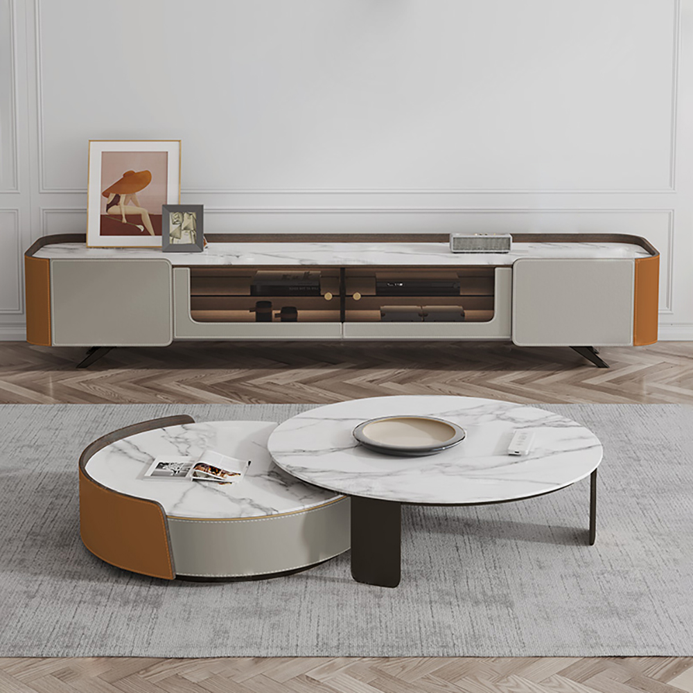Modern Orange & Gray TV Stand with Stone Top & Storage for TVs up to 85 inch