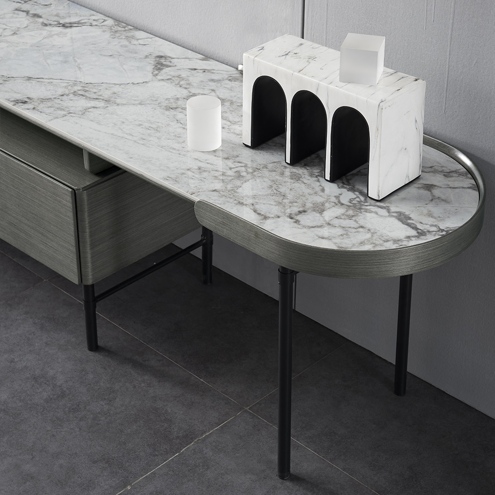 Soporte de TV moderno gris retráctil y extensible con 3 cajones de