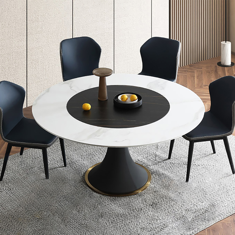 59.1" White & Black Round Dining Table With Lazy Susan & Stone Top