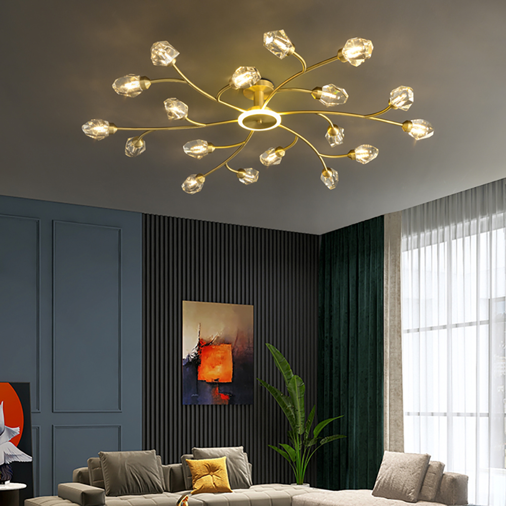 

Brass 18-Light Sputnik Crystal Semi-Flush Mount Light for Living Room and Dining Room