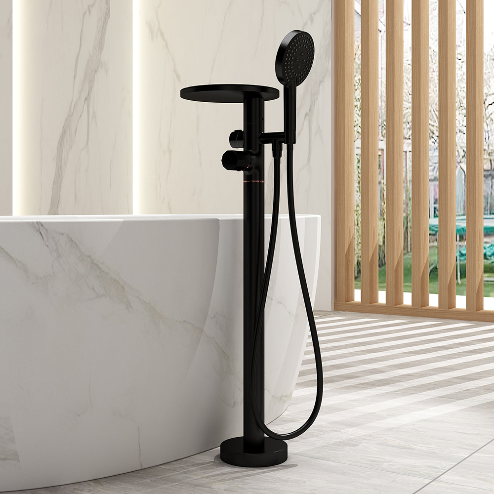 

Floor Mounted Tub Faucet with Handshower & Stone Top in Black