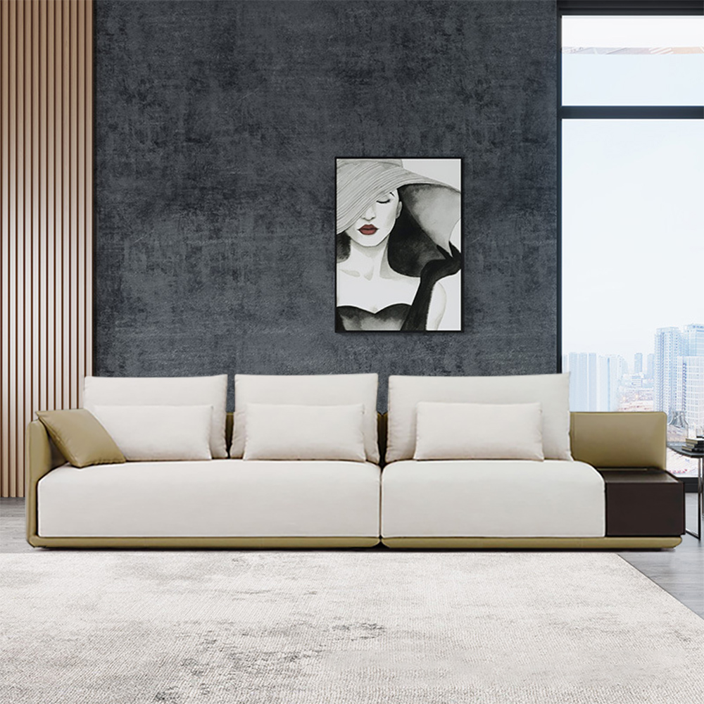 Modern Off-White 4-Seater Sofa PU Leather Upholstered with Side Table