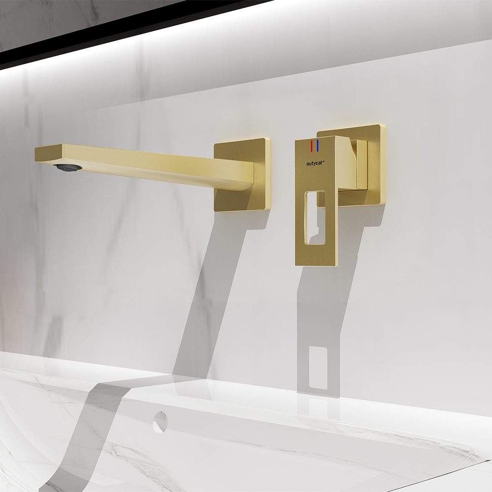 

Widespread Wall Mounted Bathroom Sink Faucet Solid Brass in Brushed Gold