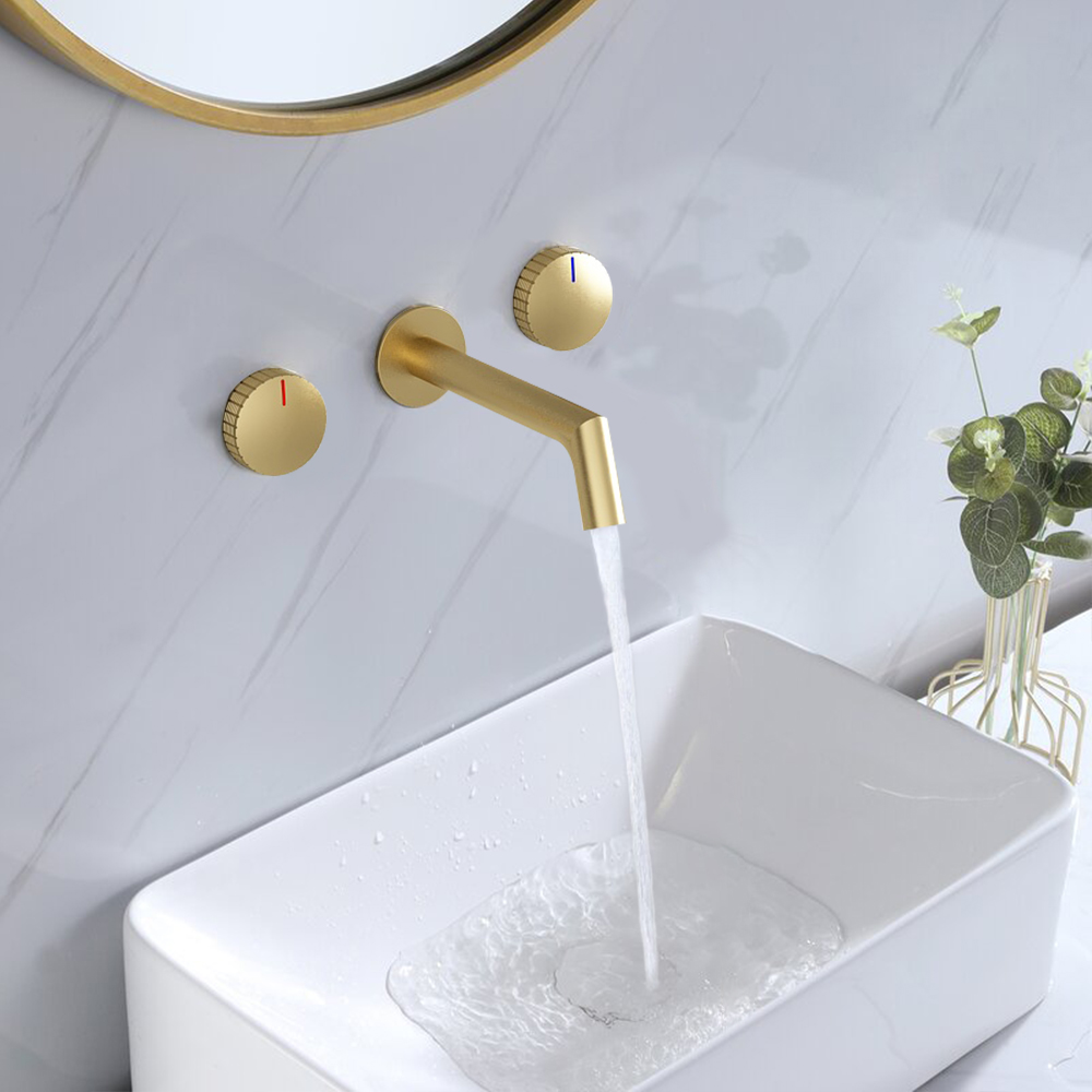 

Wall-Mount Bathroom Sink Faucet Solid Brass with Double Knobs in Brushed Gold