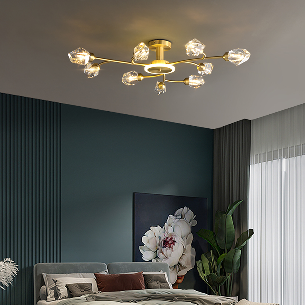 

Brass 9-Light Sputnik Crystal Semi-Flush Mount Light for Living Room and Dining Room