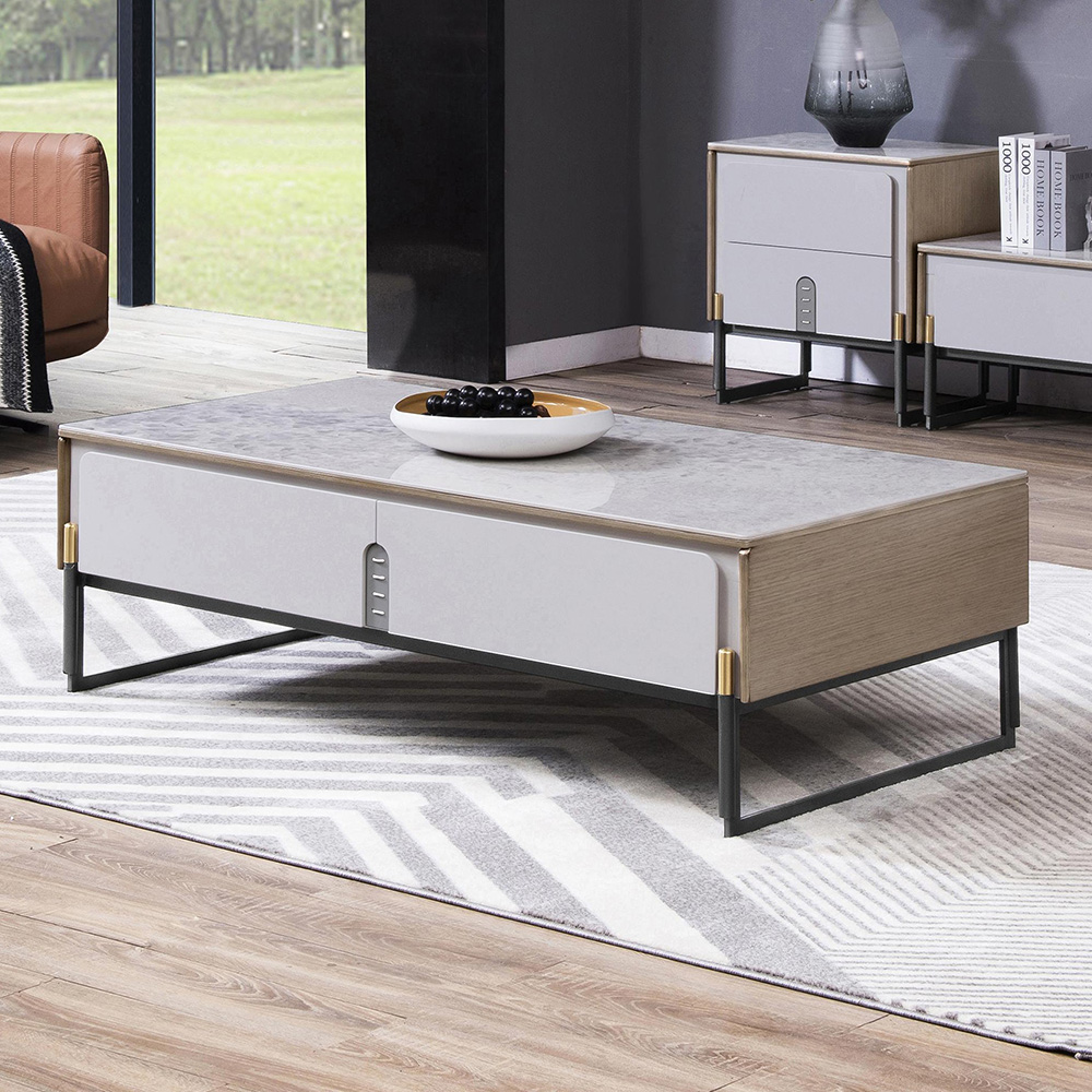 

Rectangle Coffee Table with 4 Drawers & Stone Top in Natural & White