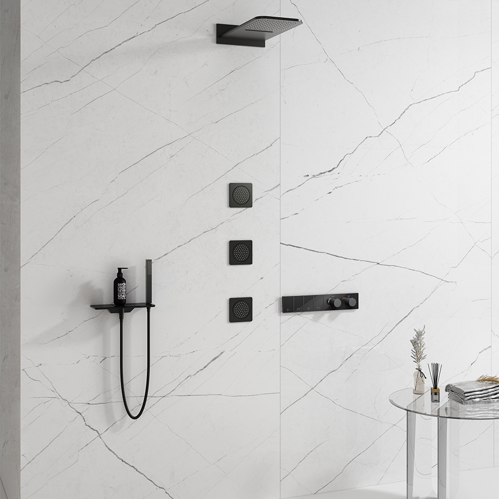 

Wall-Mounted 21" Waterfall Shower System 4-Function with Body Sprays & Handshower