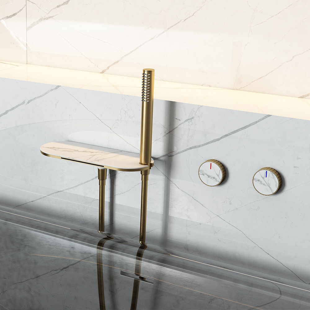 

Wall Mounted Waterfall Bathtub Faucet with Hand Shower Solid Brass in White & Gold