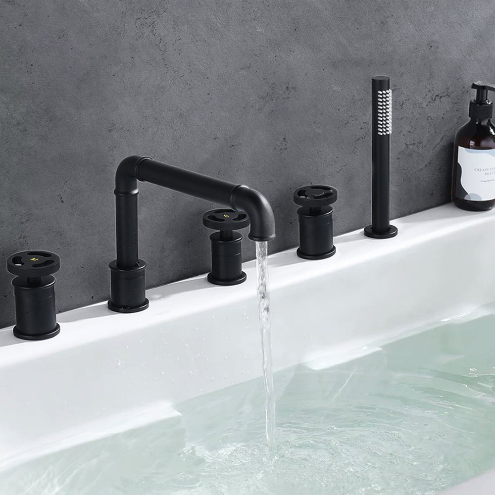 

Industrial Deck Mounted Roman Bathtub Faucet with Handshower Solid Brass Matte Black