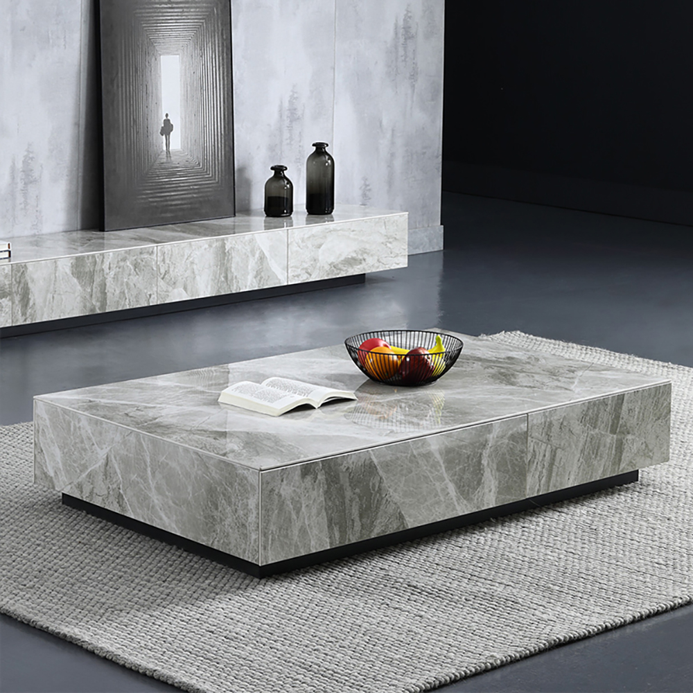 Modern Gray Rectangle Coffee Table with Stone Top & Storage
