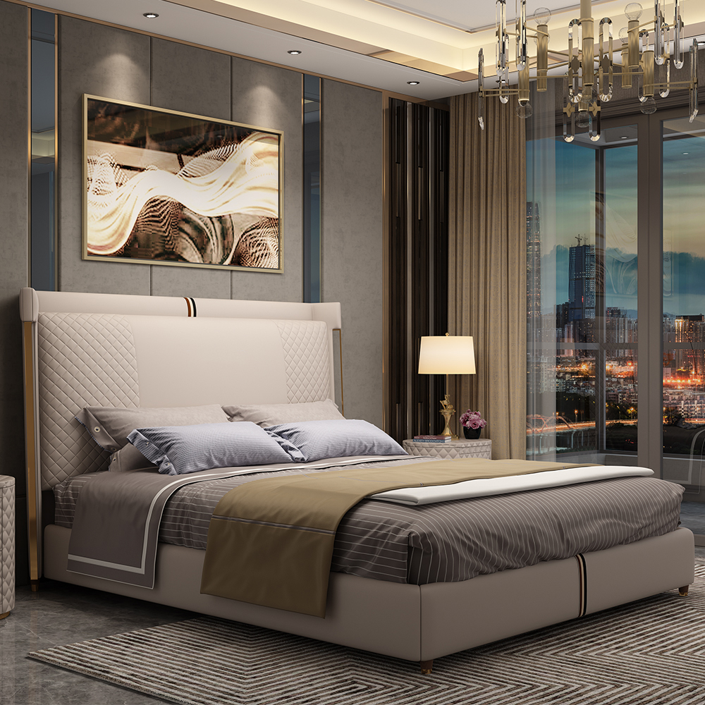 Image of Beige Microfiber Leather Upholstered Bed with Wingback Headboard, California King