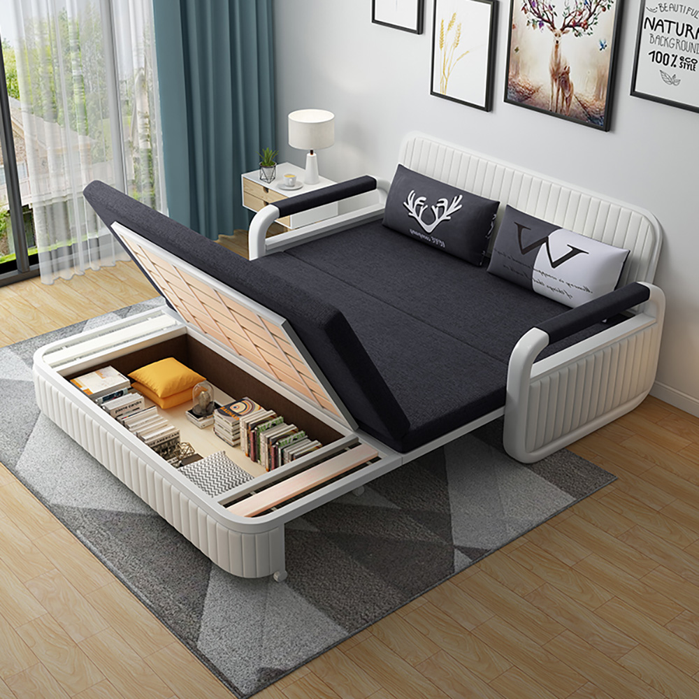 Modern Deep Gray Cotton & Linen Upholstered Convertible Sofa Bed With Storage