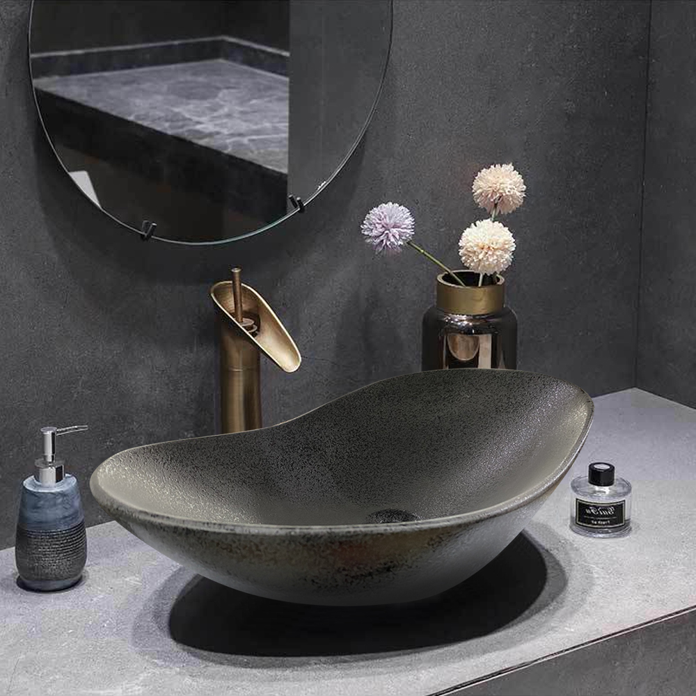 Black Retro Style Oval Vessel Sink Ceramic Wash Sink