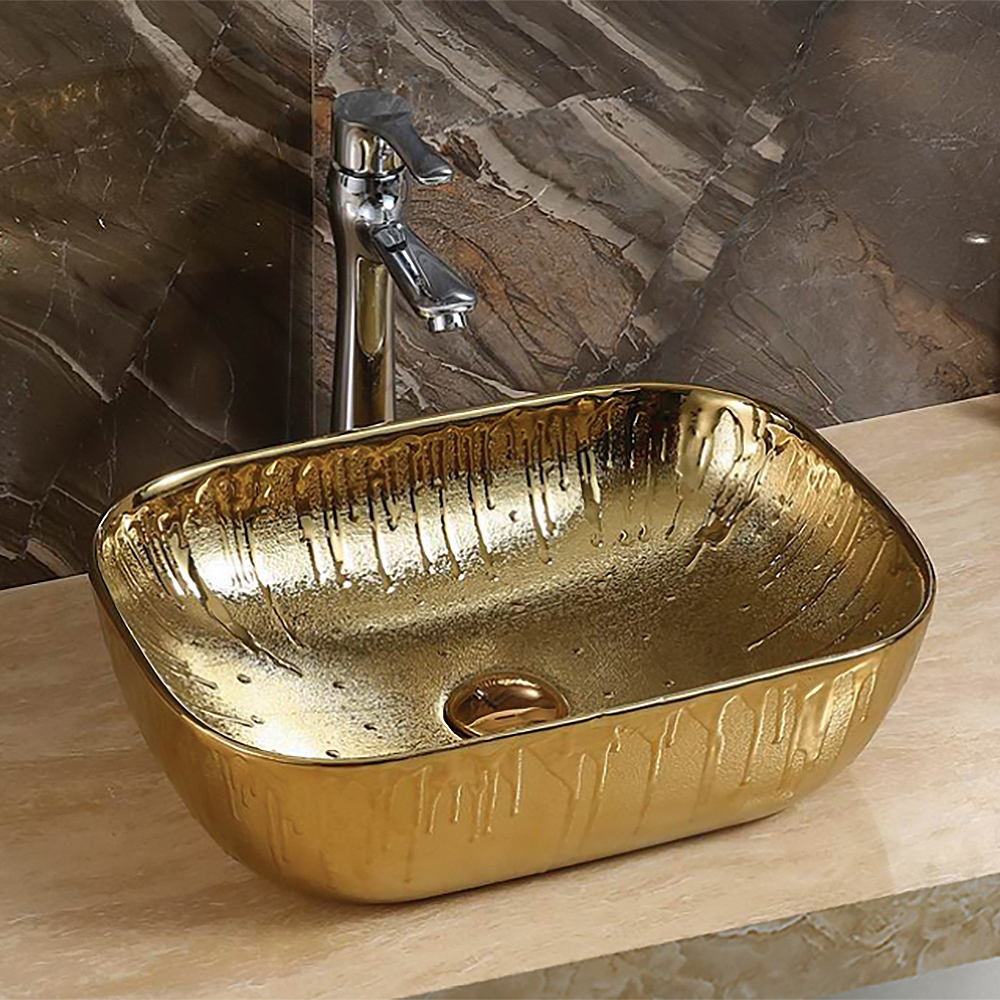 

Vintage Style Gold Rectangular Vessel Sink Ceramic Wash Sink