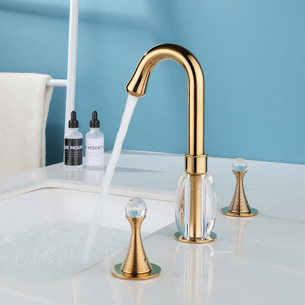 

Gold Bathroom Widespread Sink Faucet Double Crystal Handle Solid Brass