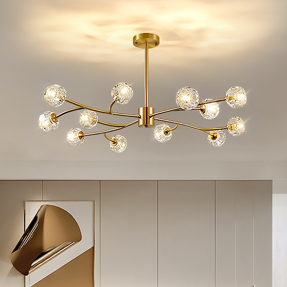 

Modern Brass 12-Light Branching Crystal Chandelier for Living Room and Dining Room