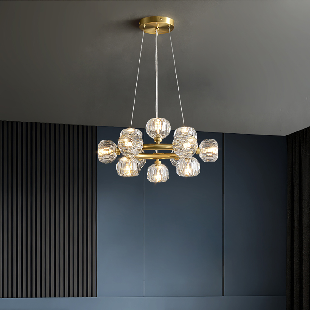 

Modern 12-Light Round Brass Chandelier with Crystal Shade for Living Room