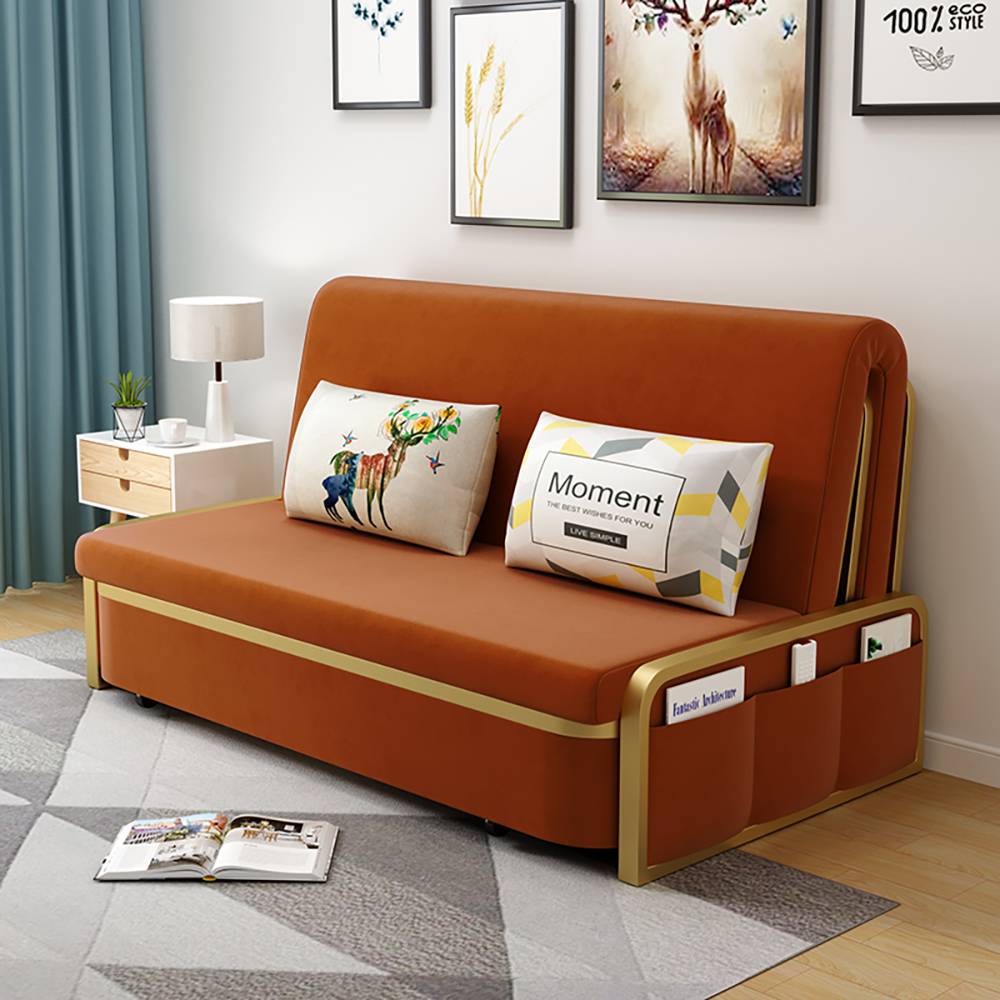 Modern Convertible Sofa Bed with Storage Velvet Upholstery in Caramel & Gold