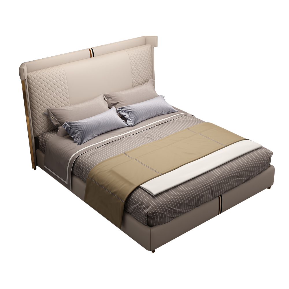 Modern Beige Microfiber Leather Upholstered Bed with Wingback Headboard