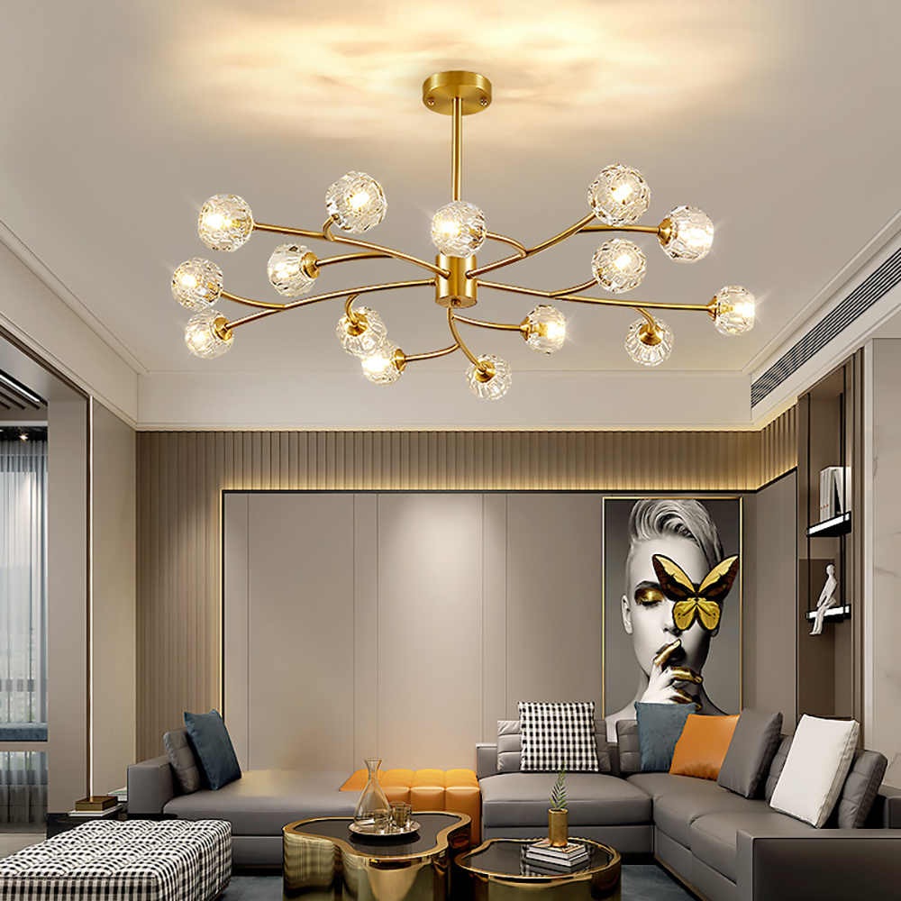 

Modern Brass 15-Light Branching Crystal Chandelier for Living Room and Dining Room